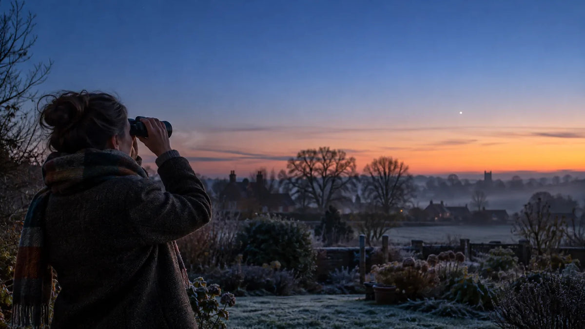 Silhouette of a person using binoculars in a frosty garden at dawn, watching a bright planet low above a misty English village skyline
