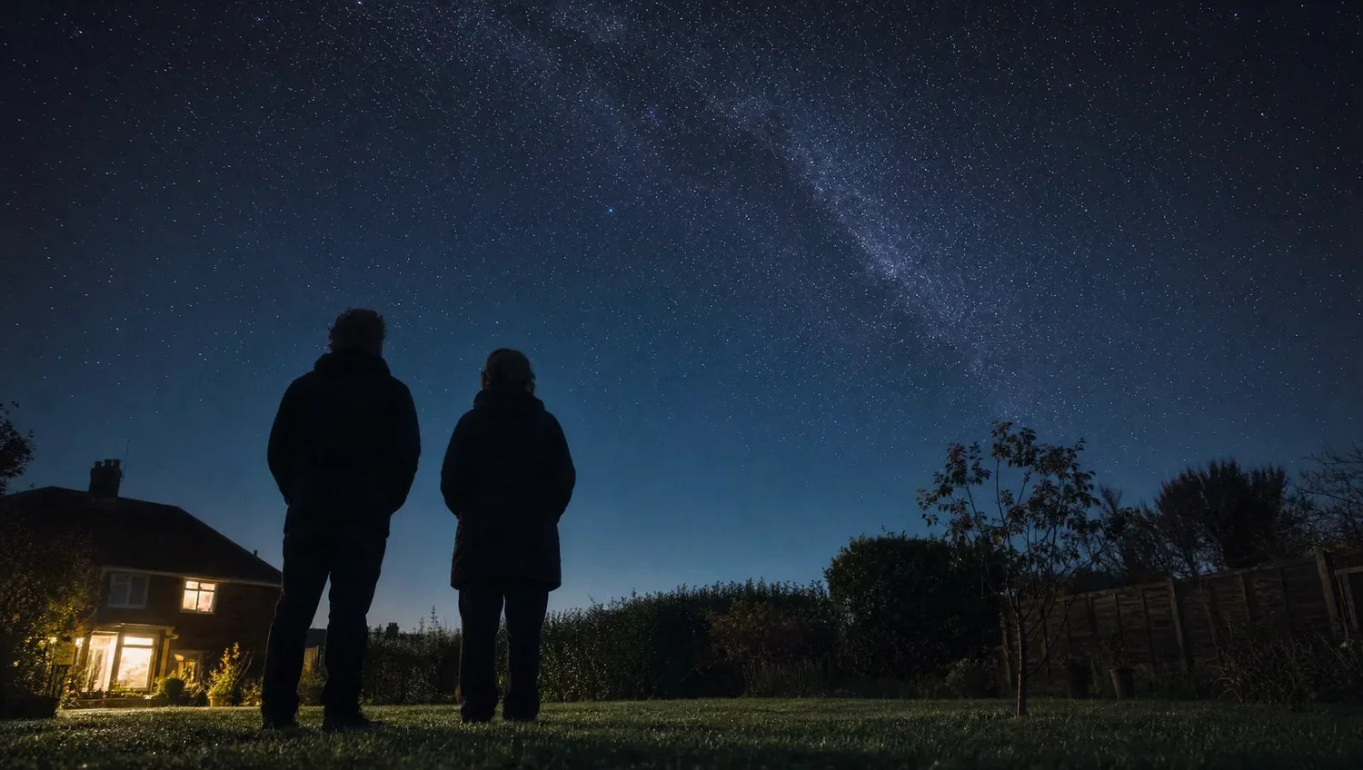 Two people silhouetted on a back garden lawn at night, looking up at a clear starry sky with the Milky Way overhead and a warm lit house window behind them
