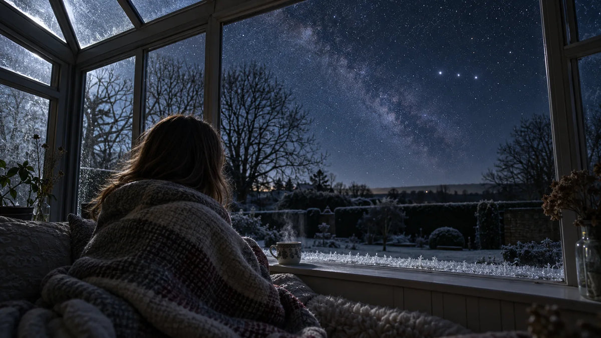 A person wrapped in a blanket in a frosty conservatory at night, looking out through the glass at a star-filled winter sky with the Milky Way overhead