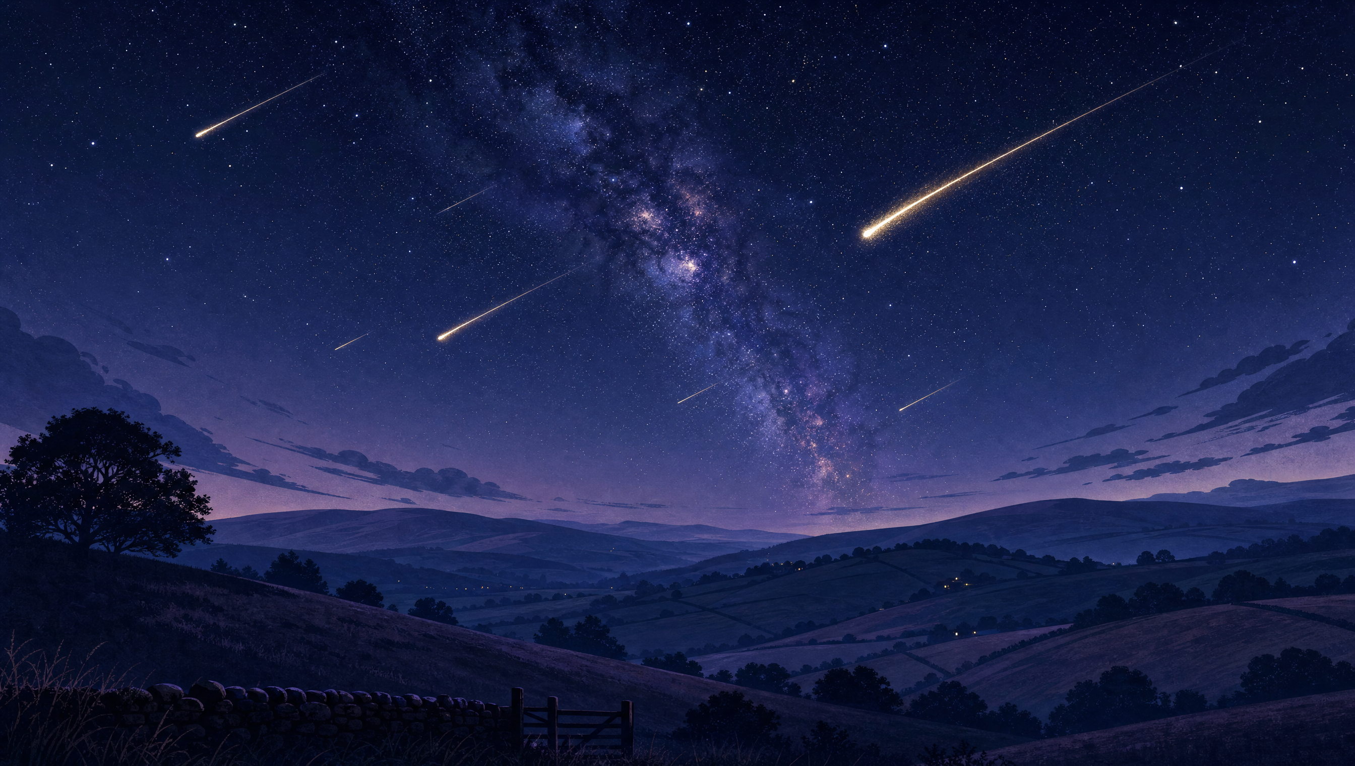 Multiple bright meteors streak across a starry night sky over dark rolling English countryside during the Perseid meteor shower, with the Milky Way glowing overhead