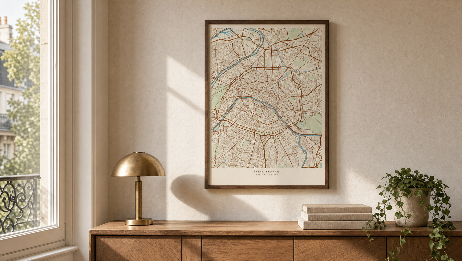 Framed personalised city map print of Paris hanging above a sideboard in a styled living room