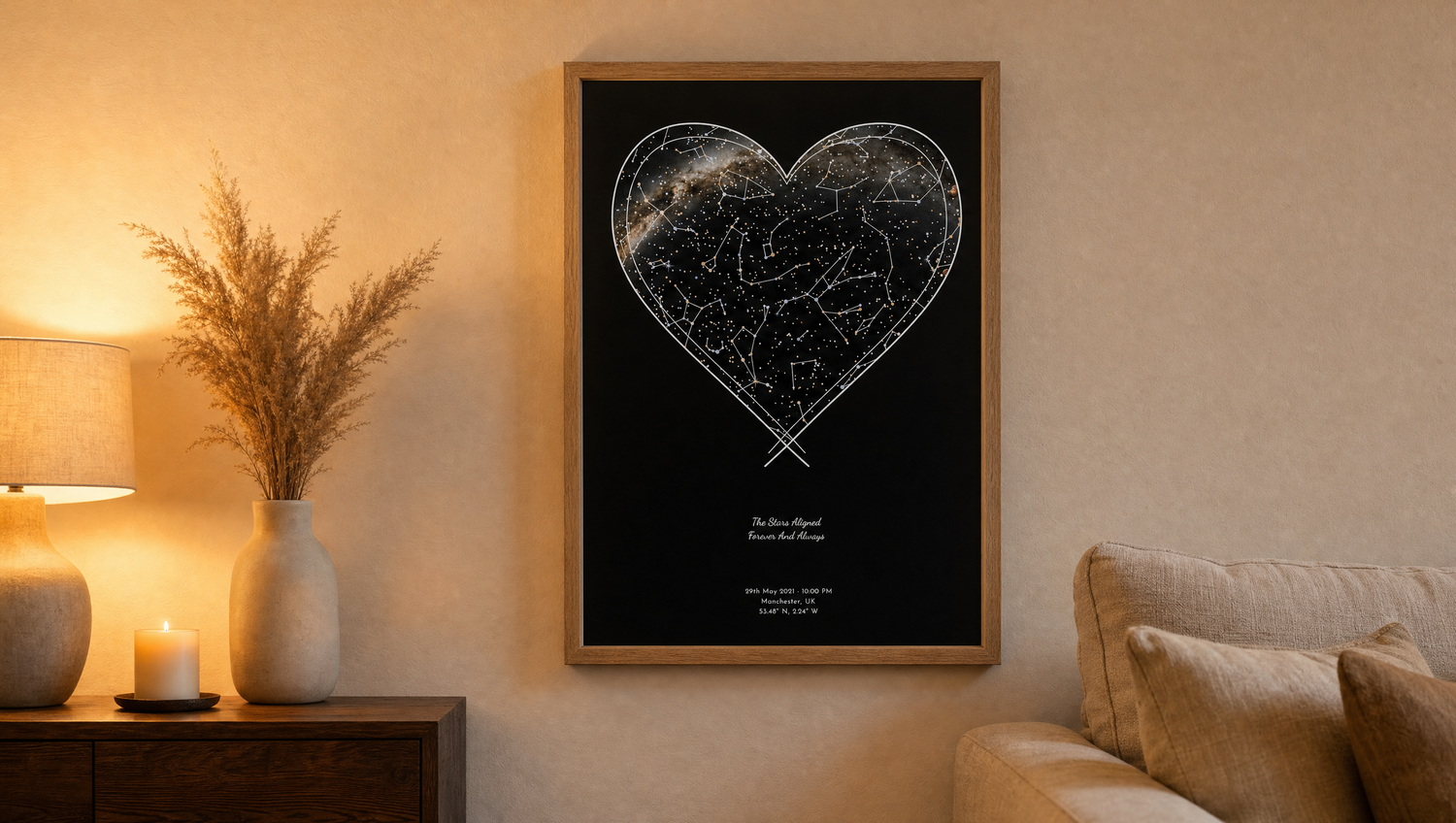 Personalised star map print in a warm living room setting, a sentimental gift for a girlfriend