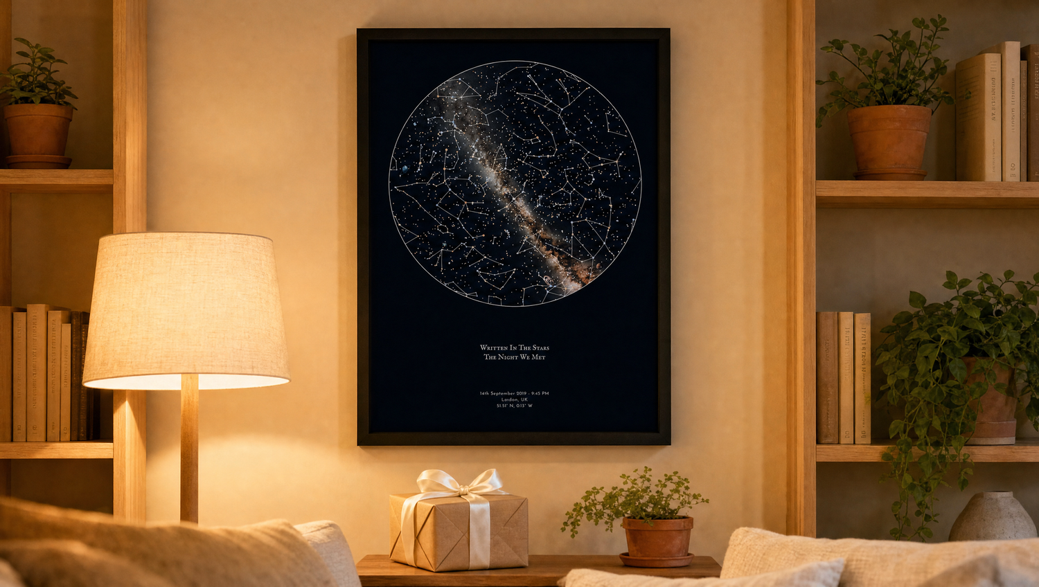 A framed personalised star map gift displayed on a living room wall