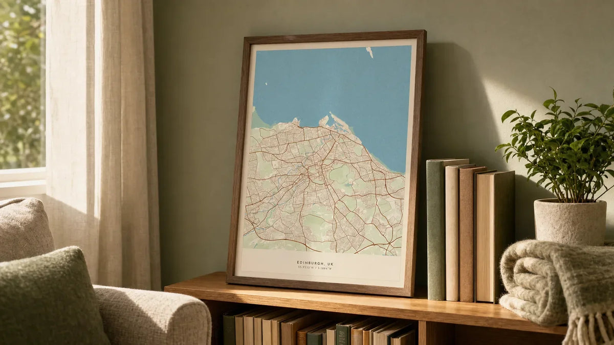 Framed Skylit Studio personalised location map print styled in a warm living room reading corner