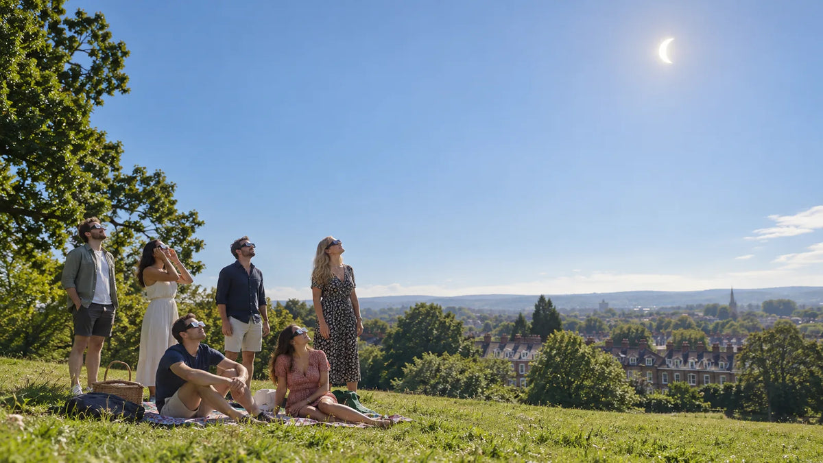 Friends on a grassy hill in an English park wearing eclipse glasses, watching a partial solar eclipse on a summer morning