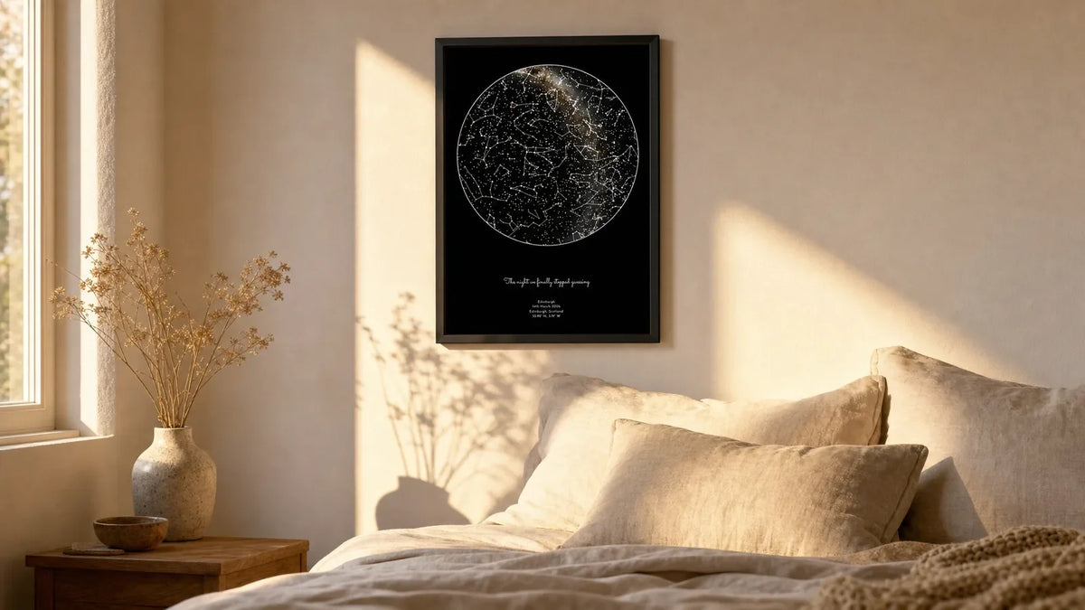 A personalised star map print hung above a bed in a warm, sunlit bedroom, the black frame catching golden evening light