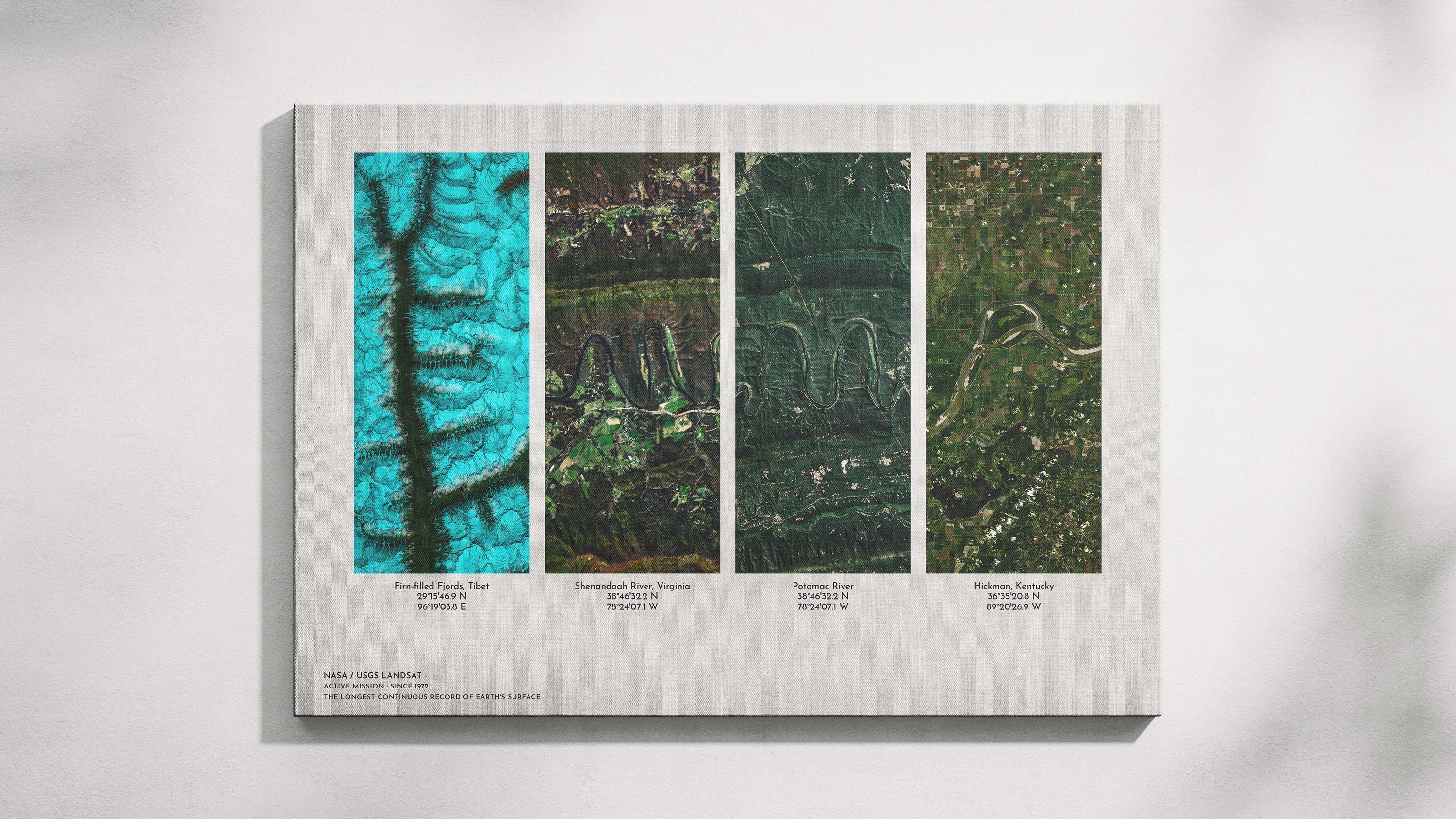 Real NASA/USGS Landsat satellite imagery of fjords and rivers displayed as canvas wall art