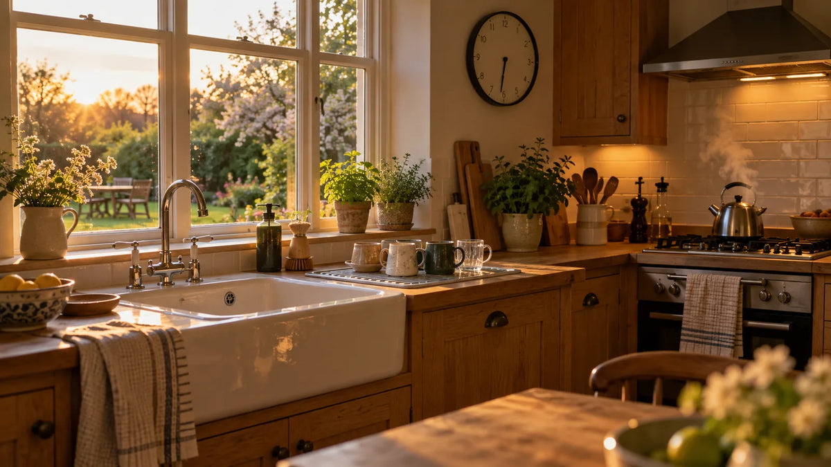 A cosy UK kitchen at golden early evening, sunlight streaming through the window over the sink as a wall clock reads half past six and the garden glows outside