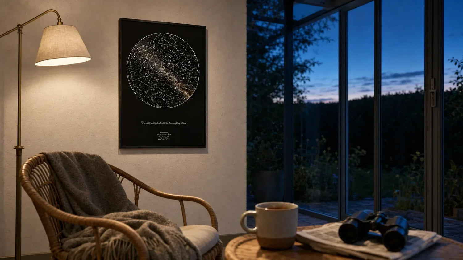 Framed personalised star map on a garden room wall beside glass doors at deep blue twilight, lit by a single warm floor lamp