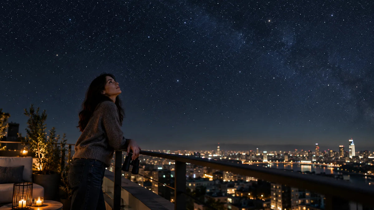 A woman looks up at a clear, star-filled night sky from a city rooftop terrace, holding a pair of binoculars