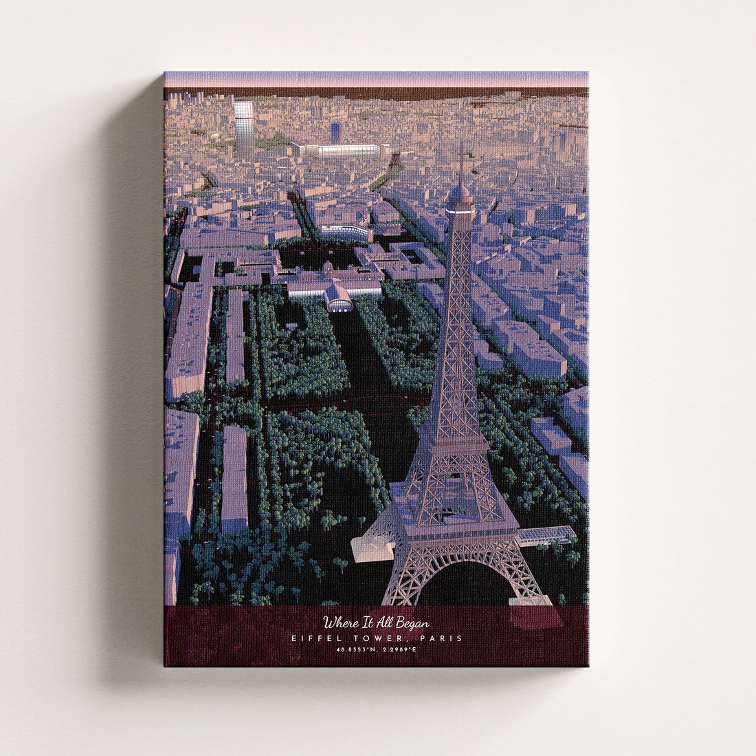 Canvas print of the Eiffel Tower in Paris with a cityscape background.