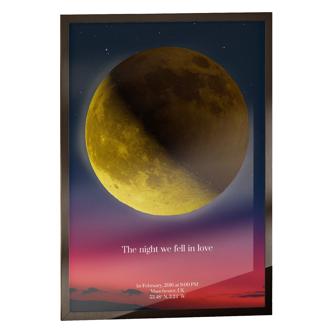 Personalised moon map, golden moon over a sunset sky, classic black frame