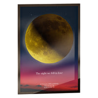Personalised moon map, golden moon over a sunset sky, classic black frame