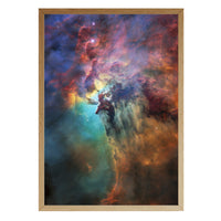 Lagoon Nebula print in a natural brown wood frame