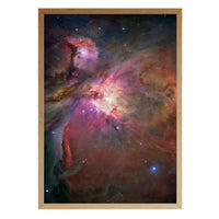 Orion Nebula Hubble print in a natural brown wood frame