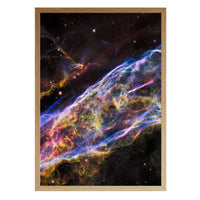Veil Nebula print in a natural brown wood frame