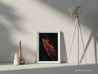 Stellar formation print of Herbig-Haro 49/50 with dramatic gas jets and nebular structure, professionally framed and ready to hang – exclusive space wall art by Skylit Studio.