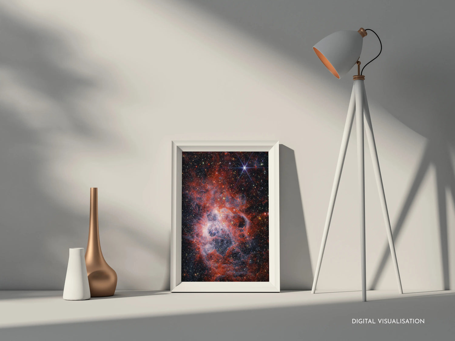 Space-themed deep sky print of NGC 604 nebula displayed in a white frame on a neutral shelf with ambient lighting – ideal astronomy wall art for contemporary homes by Skylit Studio.