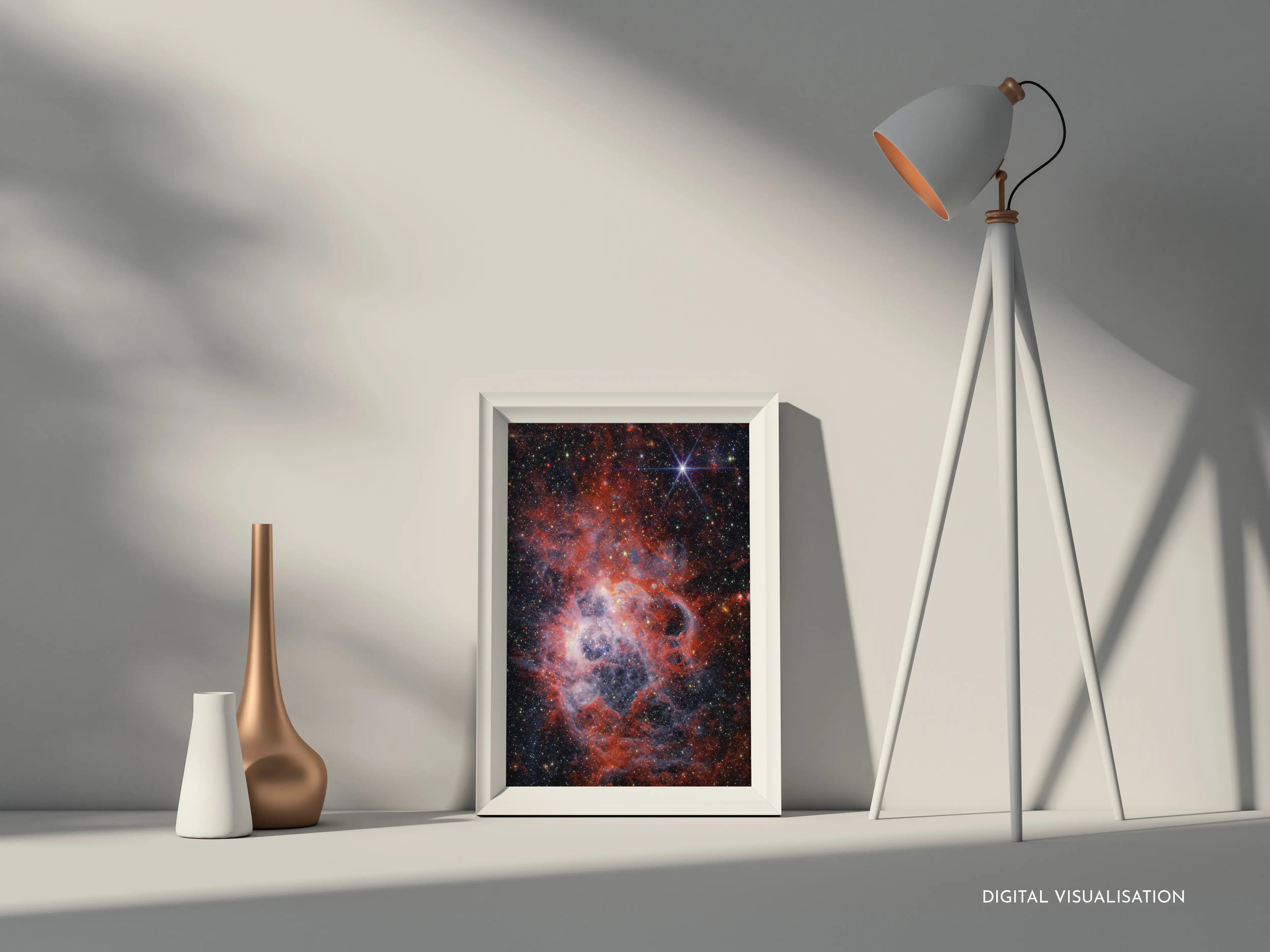 Space-themed deep sky print of NGC 604 nebula displayed in a white frame on a neutral shelf with ambient lighting – ideal astronomy wall art for contemporary homes by Skylit Studio.