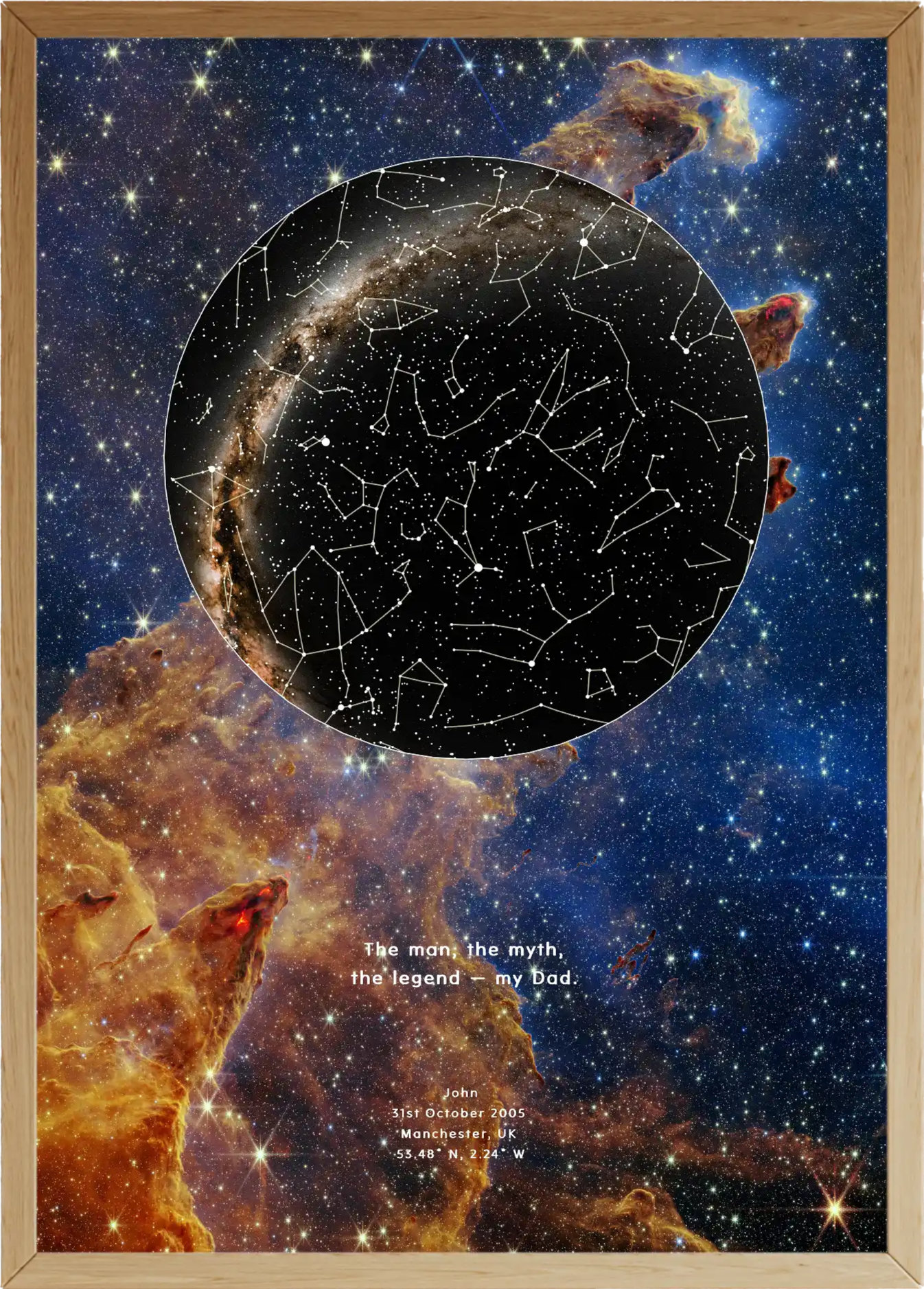 Framed personalised star map print with constellation design overlaid on a background of the Pillars of Creation nebula, featuring a custom message ‘The man, the myth, the legend – my Dad’, by Skylit Studio.