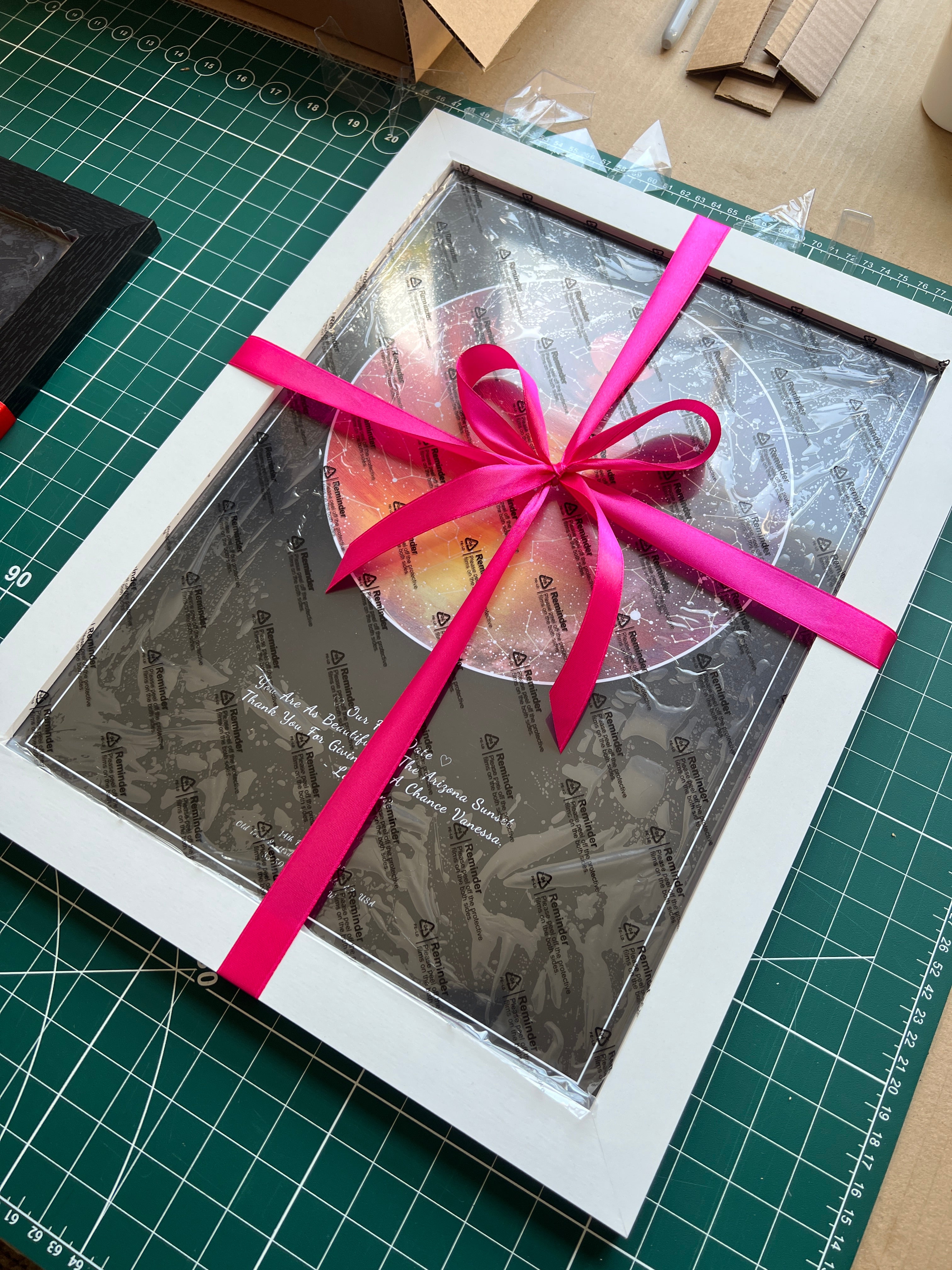 Personalised Star Map by Skylit Studio in White Frame wrapped in Hot Pink Ribbon