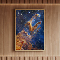 Elegant wall art featuring NASA’s Pillars of Creation in a natural wood frame – vibrant cosmic detail, perfect for modern interiors.