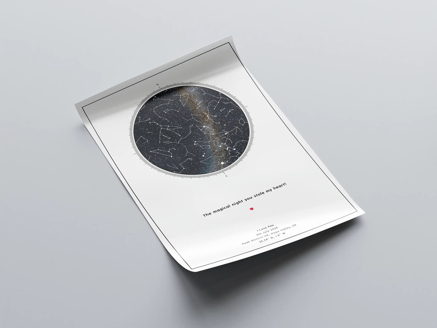 Rolled custom star map print with accurate night sky constellations and heartfelt quote, ideal as a romantic gift for anniversaries or special moments.