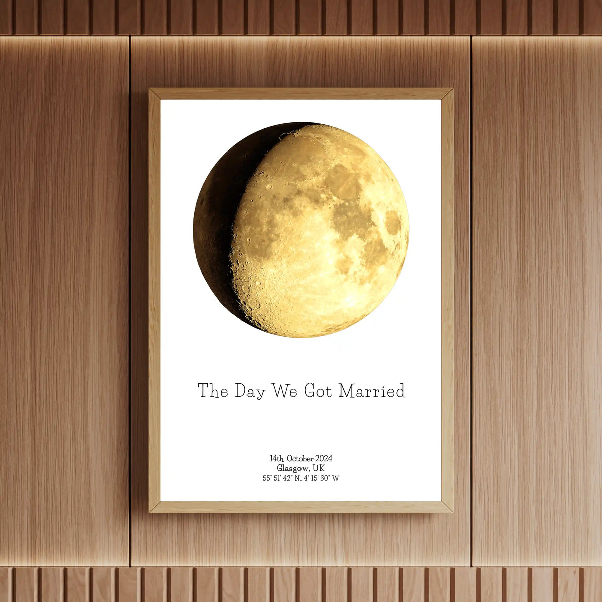 Framed personalised moon phase print titled “The Day We Got Married,” showing the moon as it appeared on a wedding date—romantic celestial anniversary gift.