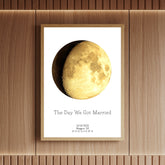 Custom moon print showing the exact lunar phase on a couple’s wedding day, framed and styled for home display – perfect anniversary or wedding gift by Skylit Studio.