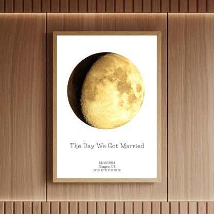 Custom moon print showing the exact lunar phase on a couple’s wedding day, framed and styled for home display – perfect anniversary or wedding gift by Skylit Studio.