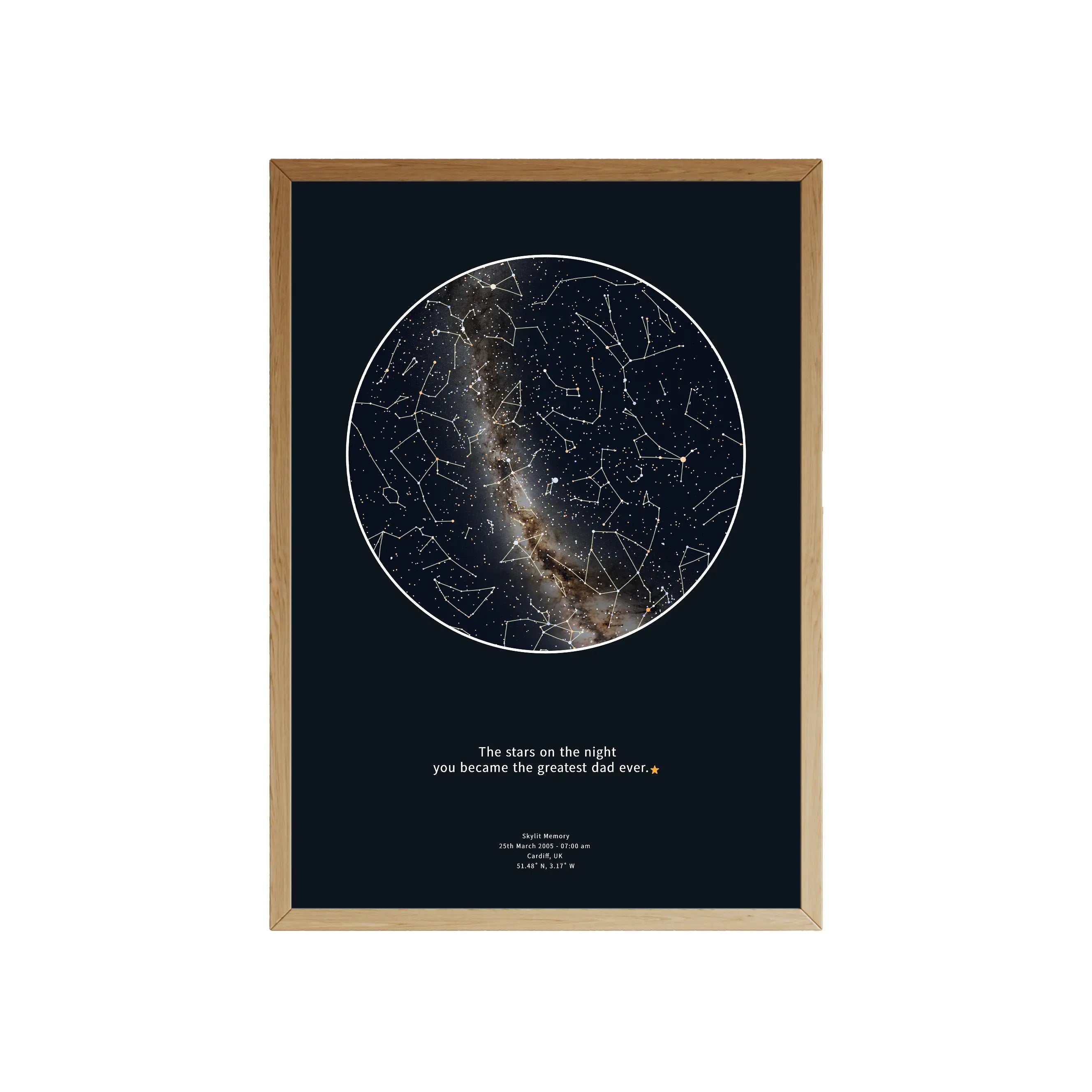 Elegant framed star chart with labelled constellations and minimal text on a dark background, designed as a personalised gift print by Skylit Studio.
