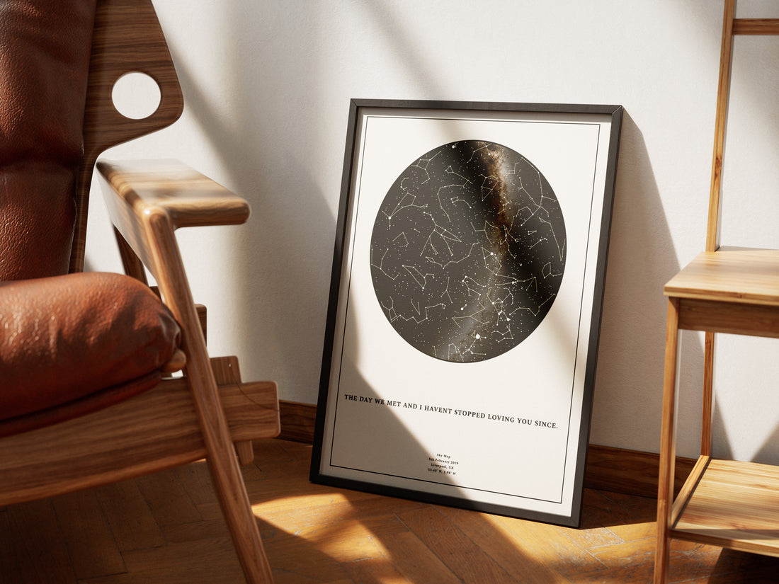 Minimalist framed star map print with a black and white constellation design, featuring the romantic quote &