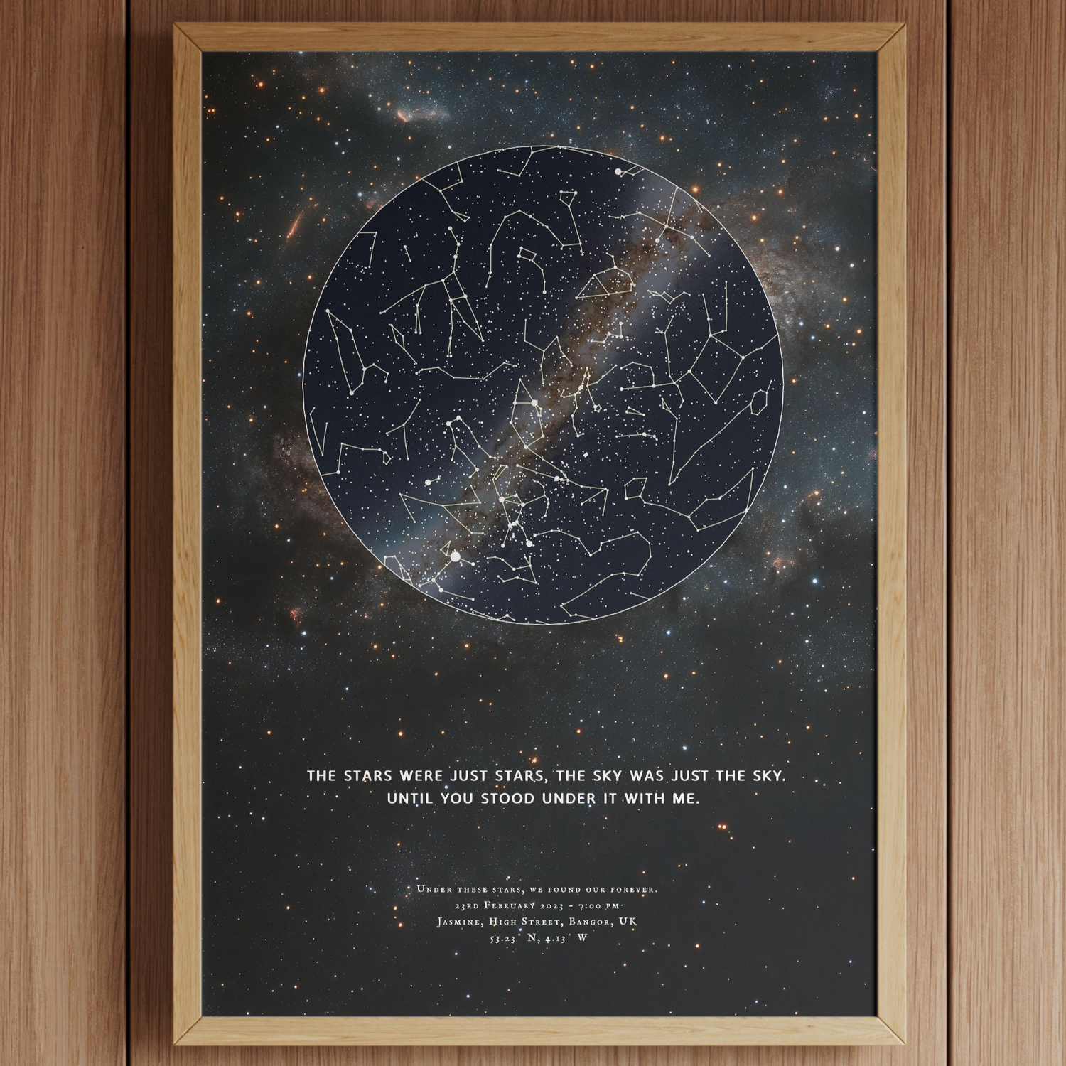 Framed personalised star map print with constellation outlines and Milky Way detail, featuring the quote ‘The stars were just stars, the sky was just the sky, until you stood under it with me’, displayed on a wooden wall – custom gift by Skylit Studio.