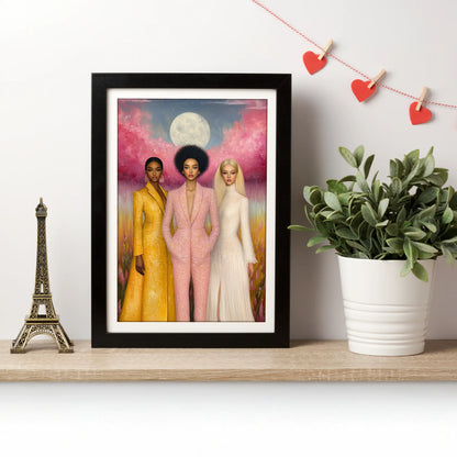 A charmingly decorated shelf featuring a framed artwork by Skylit Studio, depicting three elegant women in stylish suits under a moonlit sky with a vibrant sunset backdrop. Beside the artwork, a small potted plant with lush green leaves and a miniature Eiffel Tower model enhance the scene. Above, a string of red heart-shaped decorations adds a playful touch to the romantic setting.