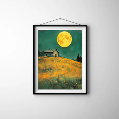 A framed painting on a white wall, featuring a rustic house atop a hill covered in golden flowers under a teal sky with a large, vivid yellow moon. The scene evokes a serene and mystical night atmosphere, beautifully capturing the moon&