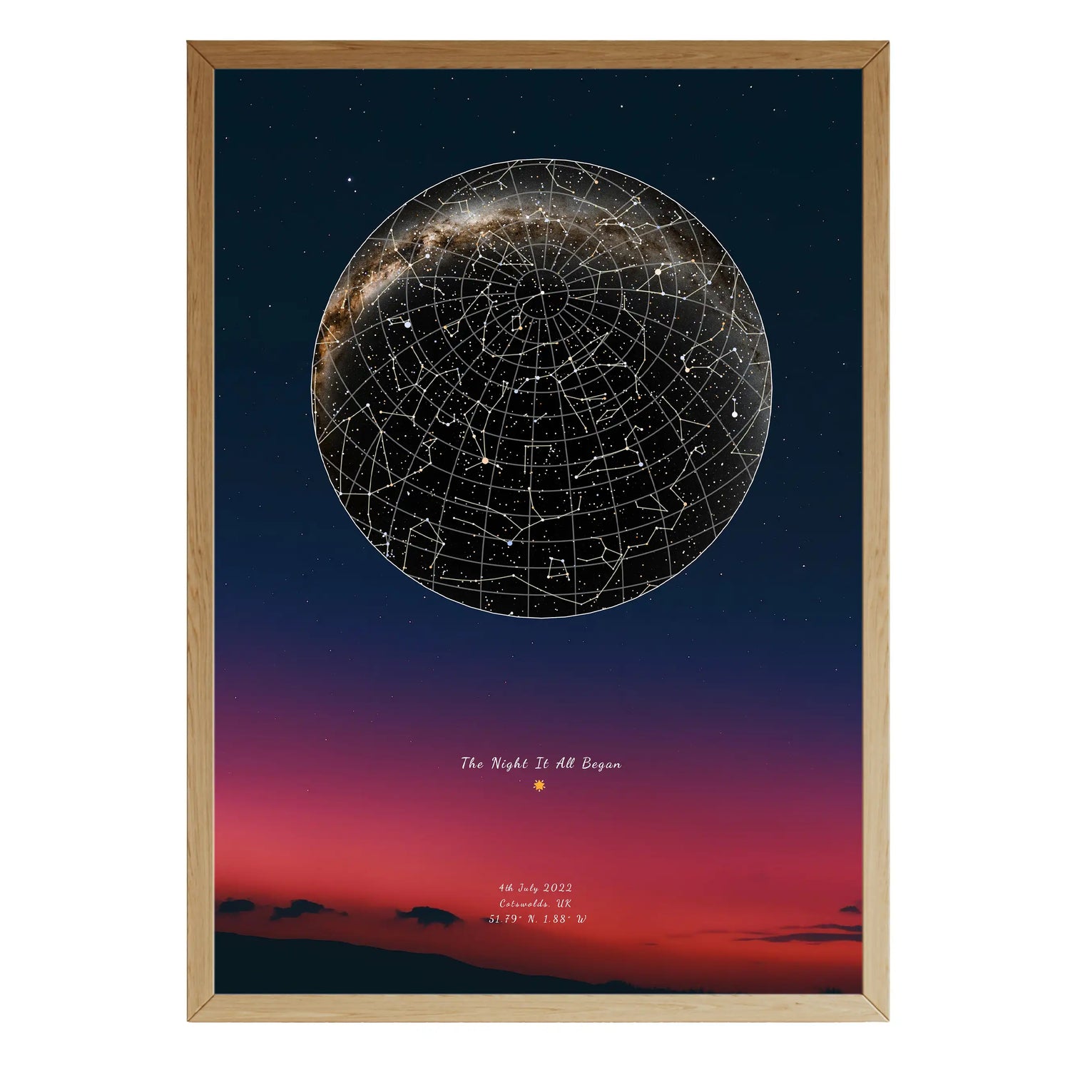 Framed personalised star map print titled ‘The Night It All Began’, featuring a celestial map with constellations and the Milky Way over a sunset gradient background – custom star chart by Skylit Studio.
