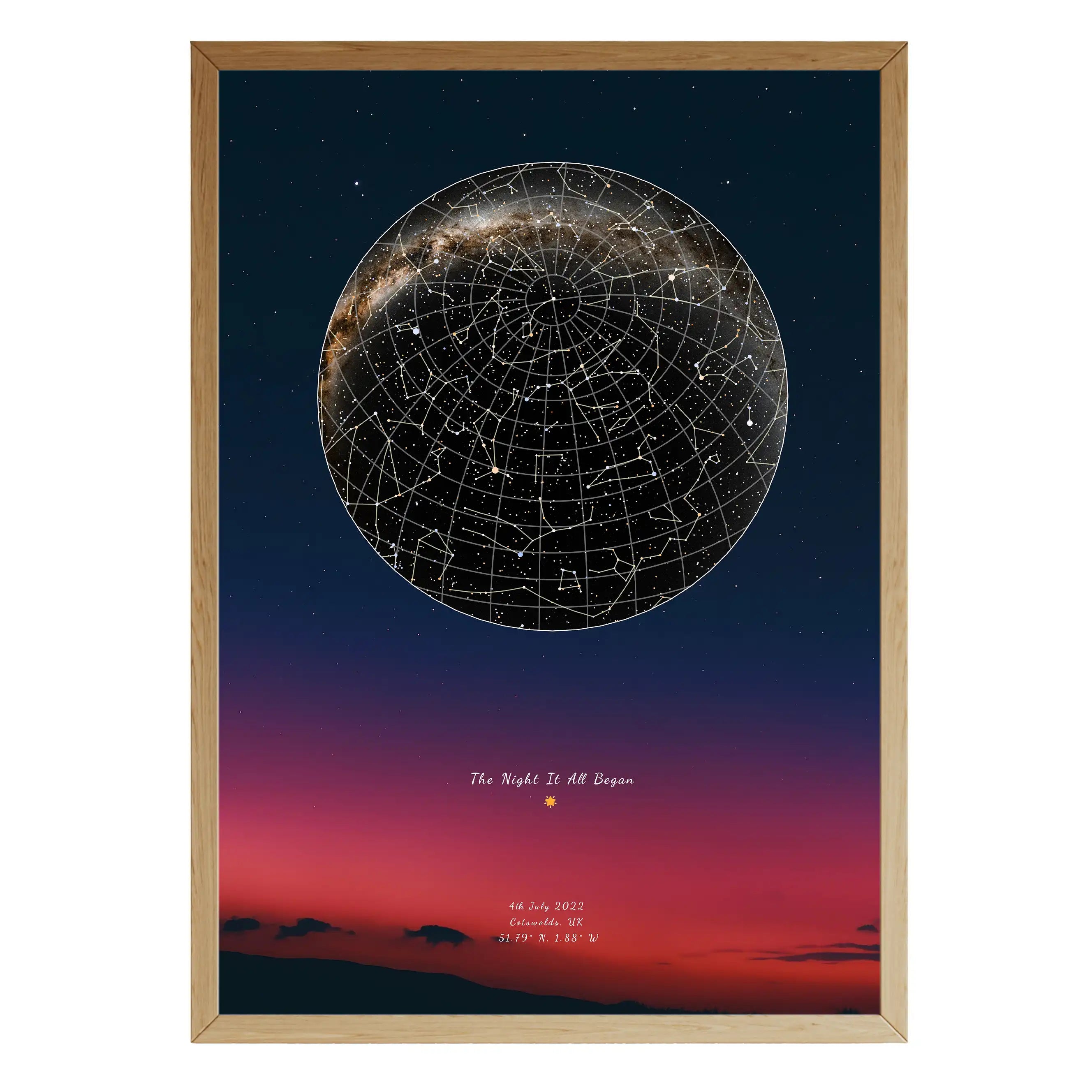 Framed personalised star map print titled ‘The Night It All Began’, featuring a celestial map with constellations and the Milky Way over a sunset gradient background – custom star chart by Skylit Studio.