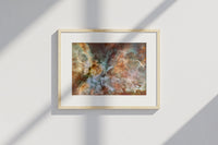 Framed Carina Nebula panorama print by Skylit Studio on a sideboard in a bright living room