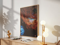 Framed Cosmic Reef print by Skylit Studio on a sideboard in a bright living room