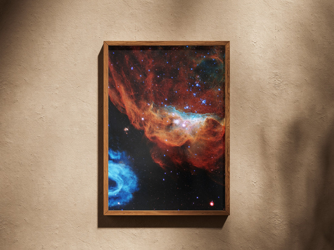 Cosmic Reef print in a wooden frame on a plaster wall