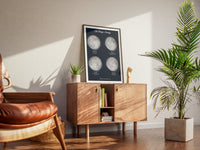 Portrait 2x2 family moon phase print in a black frame on a dresser