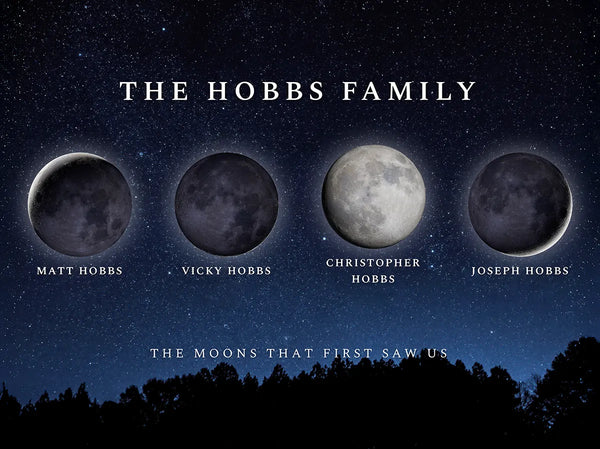 Custom family moon phase artwork showing individual lunar phases for each family member, personalised with names and dates beneath a tranquil starry sky.