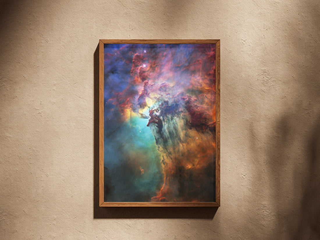 Lagoon Nebula print in a wooden frame on a plaster wall