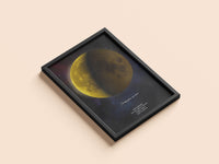 Golden moon map in a black frame, flat lay
