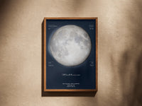 Navy moon map with moon data corners in a wooden frame on a plaster wall