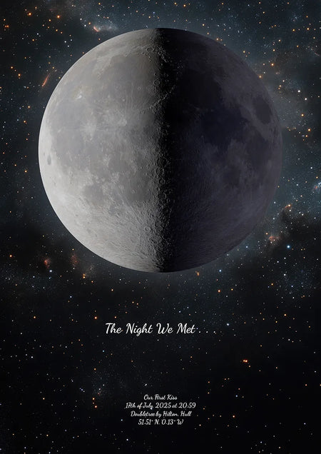 Personalised moon phase print displaying the exact lunar phase on the night two people met, featuring realistic lunar detail against a star-filled night sky background.