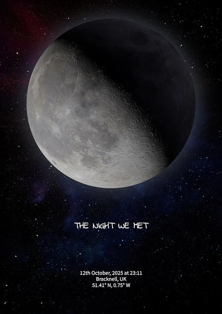 Custom moon phase artwork showing the Moon as it appeared on a significant night, with accurate lunar shading, soft celestial background and personalised text.