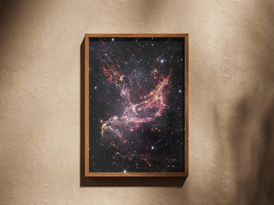 NGC 346 print in a wooden frame on a plaster wall