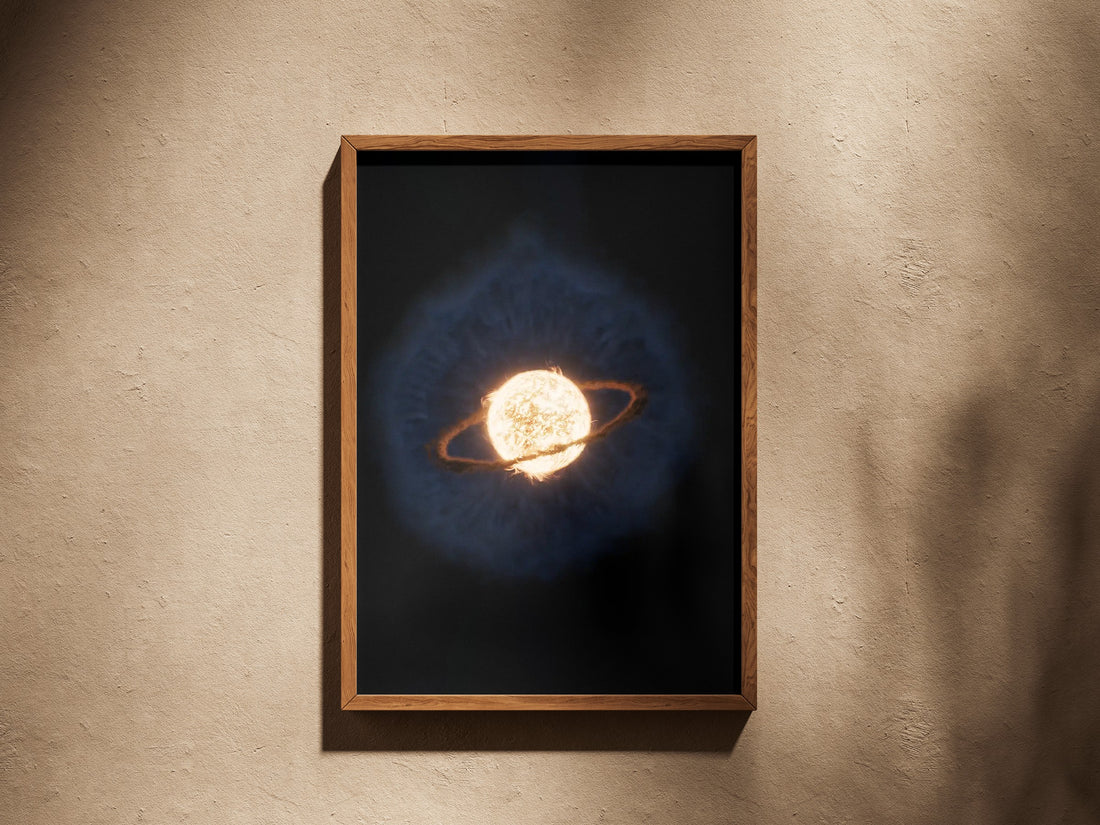 Planetary Engulfment Illustration print in a wooden frame on a plaster wall