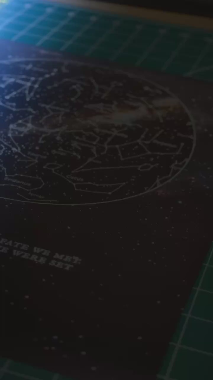 Close-up of a printed personalised star map featuring constellations and a custom message, illuminated by soft lighting on a cutting mat.